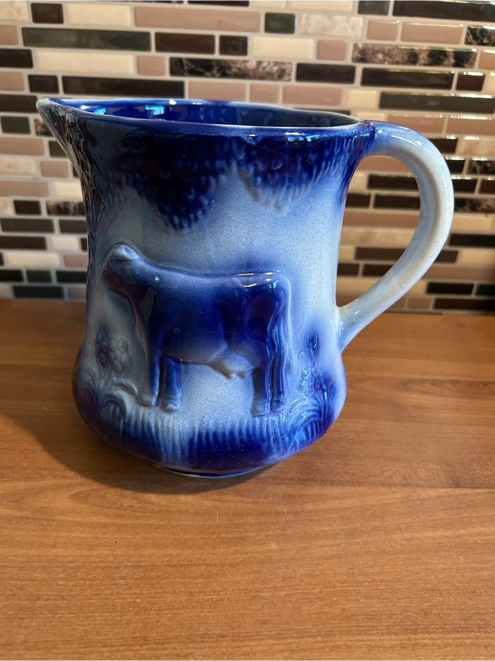 Vintage Blue & White Glazed Stoneware Cow Pitcher - Home Art